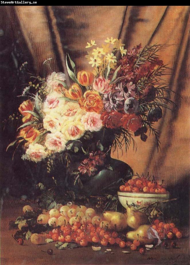 Modeste Carlier A Still life with Assorted Flowers,Cherries Pears and Quince